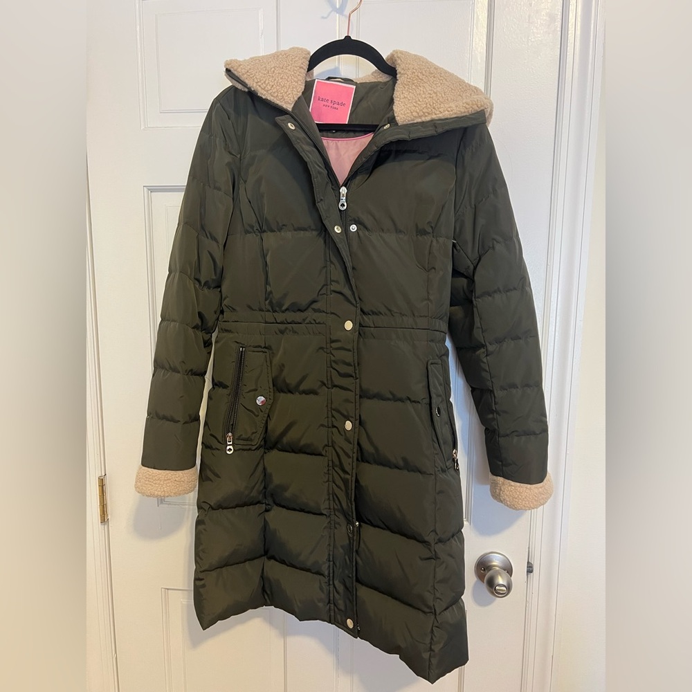Kate Spade xs green parka with faux fur hood and cuffs